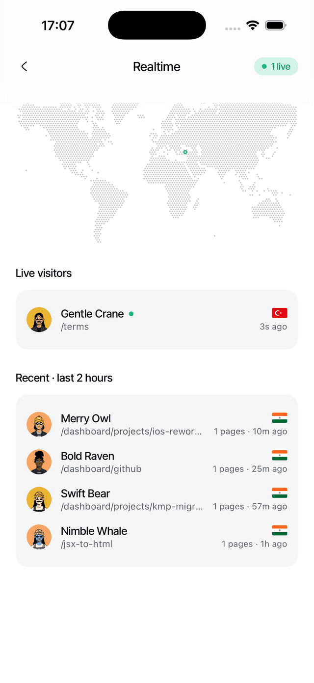 Live visitors plotted on a world map